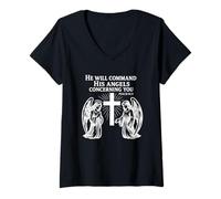 Womens Psalm 91:11 - Will Command His Angels Christian Bible Verse V-Neck T-Shirt