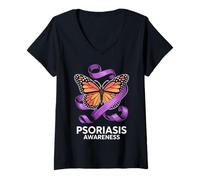 Womens Psoriasis Awareness Butterfly Ribbon Support Group Community V-Neck T-Shirt