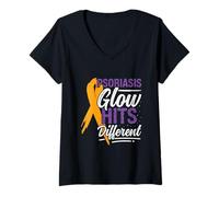 Womens Psoriasis Glow Hits Different - Psoriasis Awareness V-Neck T-Shirt