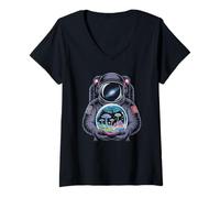 Women's Psychedelic Astronaut Holding Vintage Cosmic Nature Fungi V-Neck T-Shirt