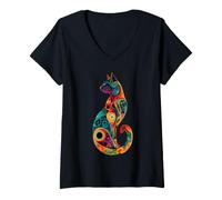 Women's Psychedelic Cat Design Art Cat Lover Mandala V-Neck T-Shirt