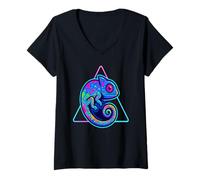 Womens Psychedelic Chameleon Reptile Color Splash Geometric Pyramid V-Neck T-Shirt