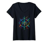 Womens Psychedelic Compass Navigation for Travelers / Spirit Free V-Neck T-Shirt
