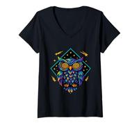 Womens Psychedelic Cosmic Hypnotic Owl with Shooting Stars V-Neck T-Shirt