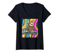 Women's Psychedelic DJ Sloth Techno EDM Dance Music V-Neck T-Shirt