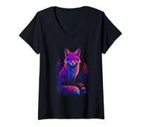 Women's Psychedelic Fox Colorful Wild Animal Pop Art V-Neck T-Shirt