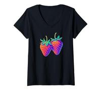 Womens Psychedelic Pop Art Strawberries Sweet Summer Fruits Strawberry V-Neck T-Shirt