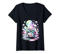 Womens Psychedelic Turtle with Skulls Vaporwave V-Neck T-Shirt