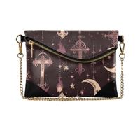 Women's PU Leather Clutch Purses Zipper Foldover Change Purse Key Holder for Party Gothic Darkness Moon Cross Purple