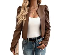 Women's Pu Leather Cropped Jacket, Puff Sleeve Bolero Blazers, Open Front Cardigan, Trendy Outwear(Khaki,M)