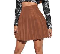 Women's PU Leather High Waist Pleated Mini Skirts Flared A-Line Short Skirt Nightclub Festival Rave Outfits Shiny Liquid Metallic Wet Look Basic School Uniform Cheerleader Skater Skirt Brown S