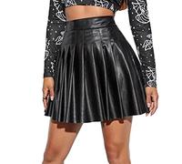 Women's PU Leather High Waist Pleated Mini Skirts Flared A-Line Short Skirt Nightclub Festival Rave Outfits Shiny Liquid Metallic Wet Look Basic School Uniform Cheerleader Skater Skirt Black L