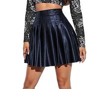 Women's PU Leather High Waist Pleated Mini Skirts Flared A-Line Short Skirt Nightclub Festival Rave Outfits Shiny Liquid Metallic Wet Look Basic School Uniform Cheerleader Skater Skirt Navy M