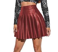 Women's PU Leather High Waist Pleated Mini Skirts Flared A-Line Short Skirt Nightclub Festival Rave Outfits Shiny Liquid Metallic Wet Look Basic School Uniform Cheerleader Skater Skirt Wine Red L