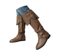 Womens PU Leather Knee Boots with Fold Over Buckle Fold Down Shaft Low Heel Black Brown or Khaki UK 2-14 Autumn Winter Casual Evening Wear