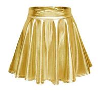 Women's PU Leather Mini Skirt Pleated Elastic High Waist Skirt Shiny Metallic for Party Glitter Liquid Wet Look Short Flare A Line Swing RARA Gothic Cheerleader Gold