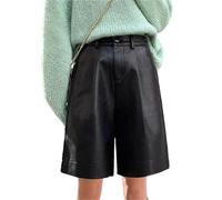 Women's PU Leather Shorts Winter Bermuda Shorts Elastic Waist Loose Five Points Leather Shorts Black