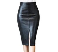 Women's PU Leather Skirt, High Waisted Stretchy Bodycon Pencil Skirts Front Slit Midi Skirt for Office Work Casual Plus Size Black