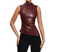 Women's PU Leather Tank Top, Pleated Sleeveless Mock Neck Party Top, Asymmetrical Ruched Slim Fit Skinny Vest for Street Club Wear, Non-Padded Irregular Hem Casual Basic Blouse for Raves Festivals