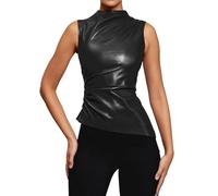 Women's PU Leather Tank Top Pleated Sleeveless Mock Neck Ruched Party Top