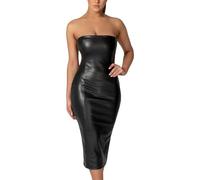 Women's PU Midi Dress, Faux Leather Strapless Tube Top Off Shoulder Bodycon Party Dresses, Elegant Slim Fit Sleeveless Tube Top Short Cocktail Dress, Solid Stretch Bodice Bandeau Split Evening Dresses