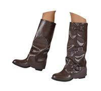 Womens PU Multi Buckle Knee Boots High Ruffled Shaft Strap Detail Low Block Heel Black or Brown UK 3-9 Autumn Winter