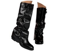 Womens PU Multi Buckle Knee Boots High Ruffled Shaft Strap Detail Low Block Heel Black or Brown UK 3-9 Autumn Winter