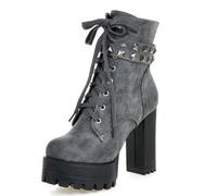 Women's PU Platform Combat Boots Lace Up Chunky Block Heel Thick Lug Sole Retro Punk Style with 5cm Hidden Heel Party Night Out Clubwear,Gray,7 UK