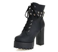 Women's PU Platform Combat Boots Lace Up Chunky Block Heel Thick Lug Sole Retro Punk Style with 5cm Hidden Heel Party Night Out Clubwear,Black,12 UK