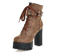 Women's PU Platform Combat Boots Lace Up Chunky Block Heel Thick Lug Sole Retro Punk Style with 5cm Hidden Heel Party Night Out Clubwear,Light Brown,4 UK