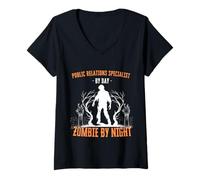 Womens Public Relations Specialist by Day Zombie by Night Halloween V-Neck T-Shirt