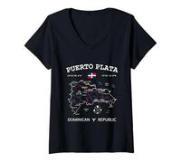 Womens Puerto Plata Dominican Republic Flag Travel Map Coordinates V-Neck T-Shirt