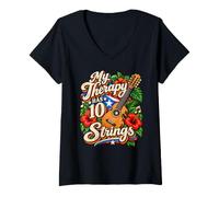 Women's Puerto Rican Cuatro Player 10 String Music V-Neck T-Shirt