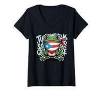 Womens Puerto Rico Coqui Taino Symbol Puerto Rican Flag Frog Retro V-Neck T-Shirt