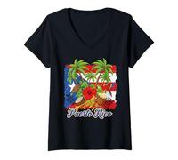 Womens Puerto Rico Flag Floral Frog Boricua Women Hispanic Heritage V-Neck T-Shirt