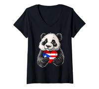 Womens Puerto Rico Flag Panda Bear Puerto Rican Roots Boricua V-Neck T-Shirt