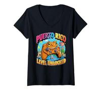 Womens Puerto Rico Level Unlocked Gamer Coqui Frog V-Neck T-Shirt