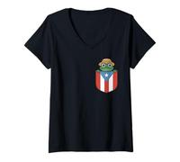Womens Puerto Rico Pocket Frog Straw Hat Coqui Cute Flag Pride V-Neck T-Shirt