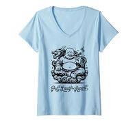 Womens Puff Laugh Repeat Funny Smoking Happy Buddha Chillin Dragon V-Neck T-Shirt