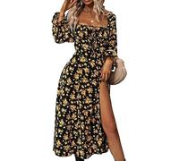 Women's Puff Long Sleeve Long Boho Dresses Floral Print Square Neck Tie Front Split Thigh Swing A Line Maxi Dress Y2K Streetwear (Gold, XL)