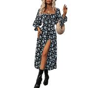 Women's Puff Long Sleeve Long Boho Dresses Floral Print Square Neck Tie Front Split Thigh Swing A-line Maxi Dress Y2K Streetwear, blue, XL