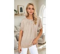 Womens Puff Short Sleeve Shirts Fashion Dressy Casual Crew Neck Pleated T Shirts Solid Color Flowy Tunic Top