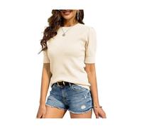 Women's Puff Short Sleeve Sweaters Pullover Shirt Tops Crew Neck Lightweight Knit Sweater Blouses (beige, M)