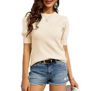 Women's Puff Short Sleeve Sweaters Pullover Shirt Tops Crew Neck Lightweight Knit Sweater Blouses (beige, M)