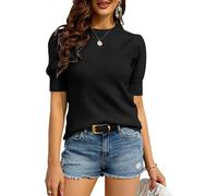 Women's Puff Short Sleeve Sweaters Pullover Shirt Tops Crew Neck Lightweight Knit Sweater Blouses (black, S)