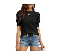 Women's Puff Short Sleeve Sweaters Pullover Shirt Tops Crew Neck Lightweight Knit Sweater Blouses (black, S)