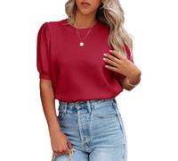 Women's Puff Short Sleeve Sweaters Pullover Shirt Tops Crew Neck Lightweight Knit Sweater Blouses (brickred, L)
