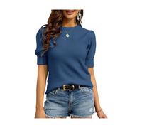 Women's Puff Short Sleeve Sweaters Pullover Shirt Tops Crew Neck Lightweight Knit Sweater Blouses (darkblue, S)