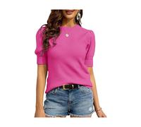 Women's Puff Short Sleeve Sweaters Pullover Shirt Tops Crew Neck Lightweight Knit Sweater Blouses (rosered, L)