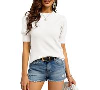 Women's Puff Short Sleeve Sweaters Pullover Shirt Tops Crew Neck Lightweight Knit Sweater Blouses (white, M)